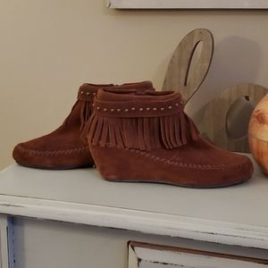 Aldo brushed leather fringe wedge bootie